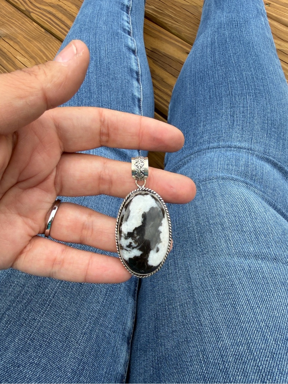 Sterling Silver Black and White Stone Oval Pendant